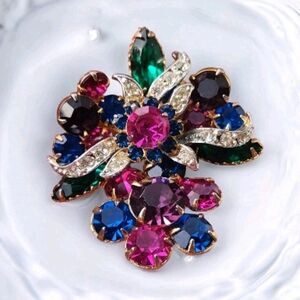Vintage Multi-Color Rhinestone Floral Spray Brooch Pink Blue Green Cluster